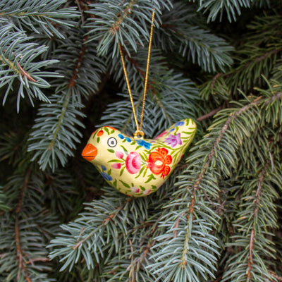 Handpainted Yellow Sparrow Bird Ornament Recycled Paper Mache