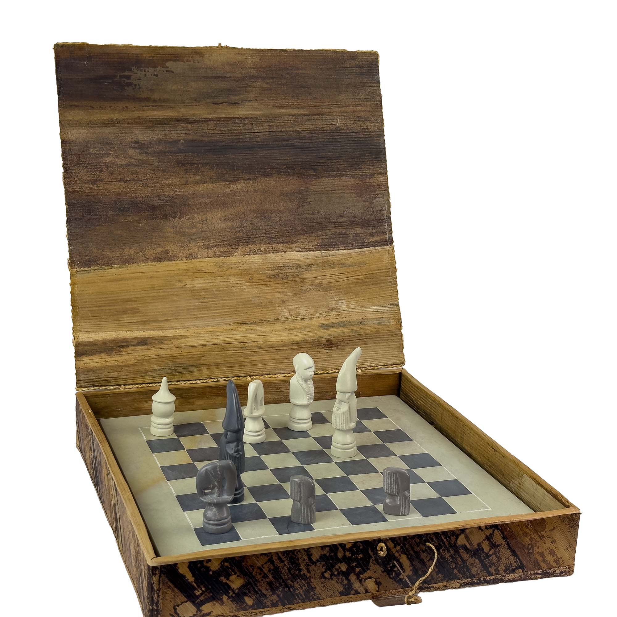 Soapstone Hand-Carved Chess Set in Box - African Maasai Tribe Pieces - Grey/Natural Stone