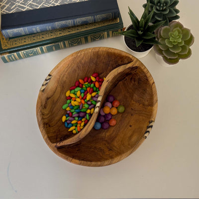 Large Round Olive Wood Divided Serving Platter with Batik bone Accent