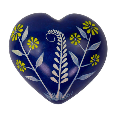 Large Soapstone Blue Puffy Heart with Yellow Flower Carvings