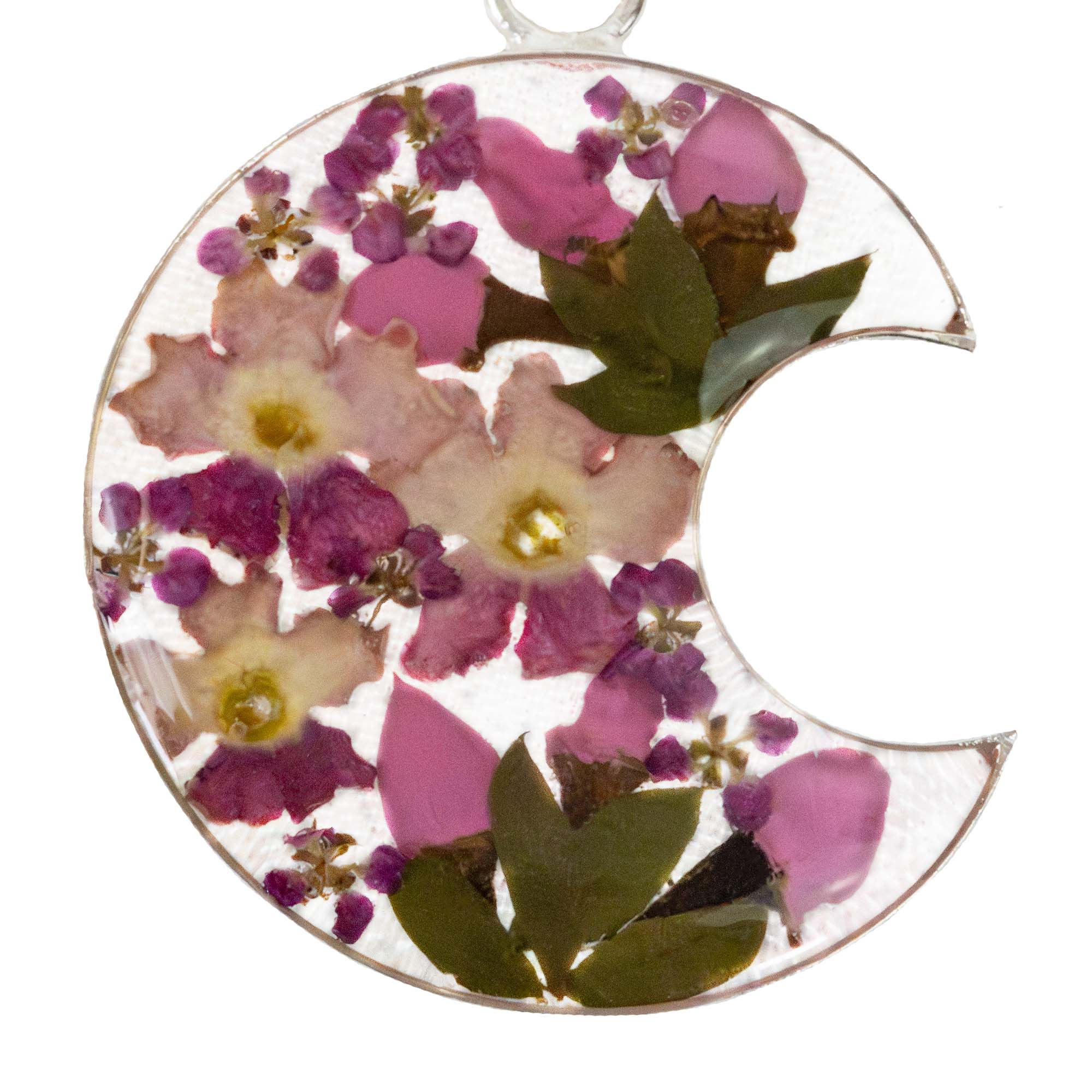 Alpaca Silver Pressed Flower Crescent Pendant Necklace - MIXED COLORS