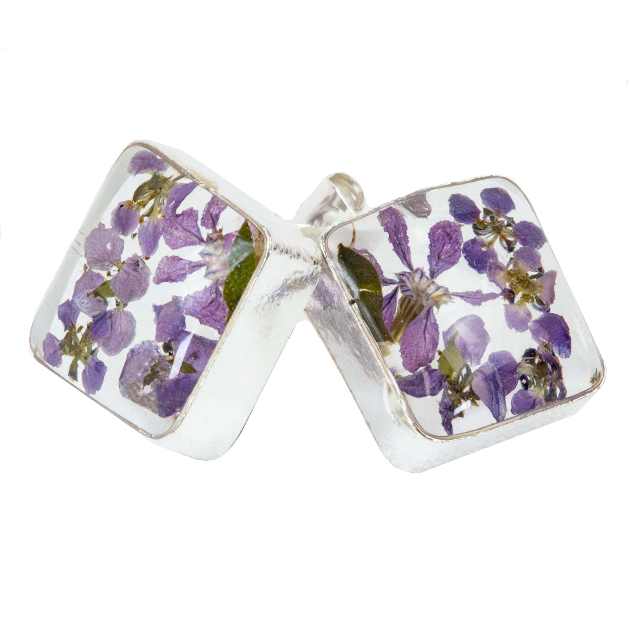 Pressed Flower Square Stud Purple Tree Earrings