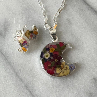 Alpaca Silver Pressed Flower Crescent Pendant Necklace - MIXED COLORS