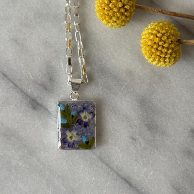 Alpaca Silver Rectangle Pressed Flower Pendant Necklace- MIXED COLORS