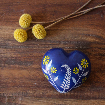 Large Soapstone Blue Puffy Heart with Yellow Flower Carvings