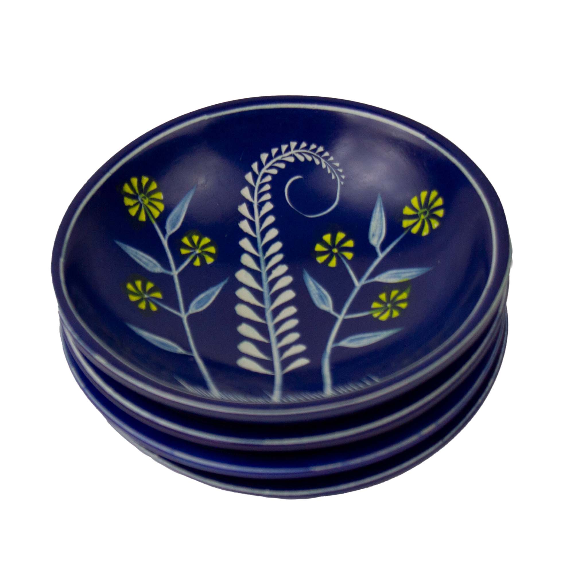 4 - PACK Soapstone Blue Dish with Yellow Flower Accents - Pack of 4