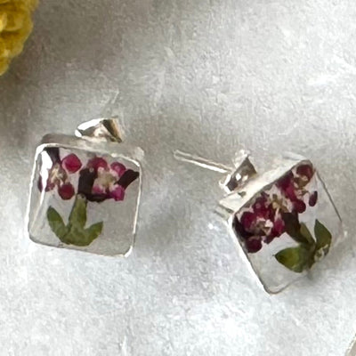 Pressed Flower Square Stud Purple Tree Earrings