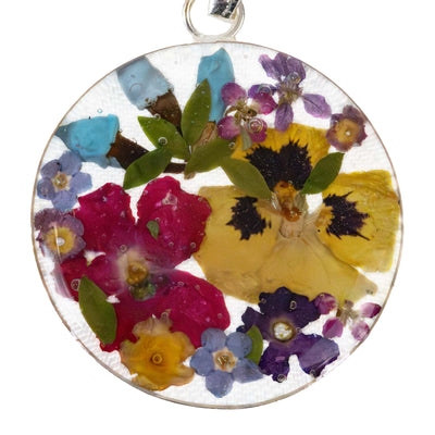 Alpaca Silver Pressed Flower Bouquet Round Pendant Necklace - MIXED COLORS