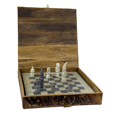 Soapstone Hand-Carved Chess Set in Box - African Maasai Tribe Pieces - Grey/Natural Stone