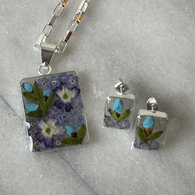 Alpaca Silver Rectangle Pressed Flower Pendant Necklace- MIXED COLORS