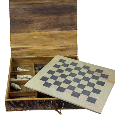 Soapstone Hand-Carved Chess Set in Box - African Maasai Tribe Pieces - Grey/Natural Stone