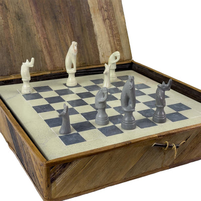 Soapstone Hand-Carved Chess Set - Safari Animal Pieces - Grey/Natural Stone