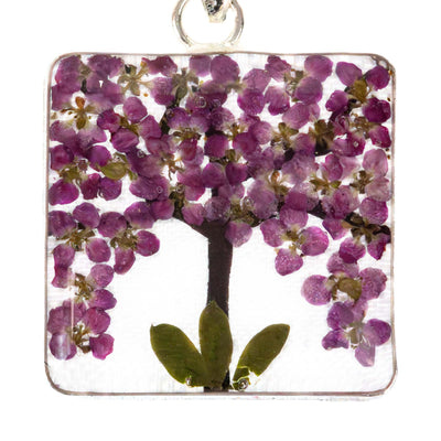 Alpaca Silver Pressed Square Flower Purple Tree Pendant Necklace