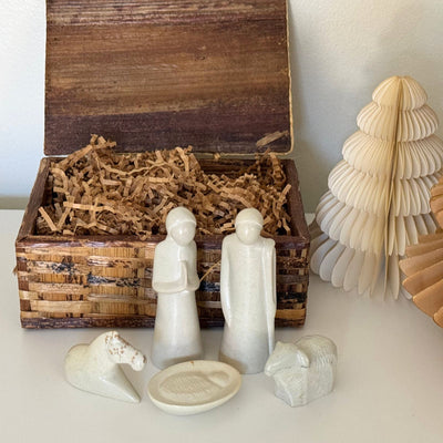 5-Piece Set - Soapstone Holy Family Nativity in Banana Fiber box