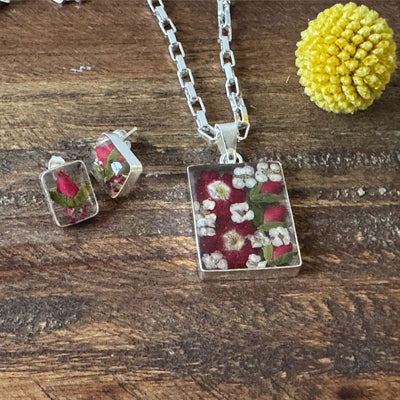 Alpaca Silver Rectangle Pressed Flower Pendant Necklace- MIXED COLORS