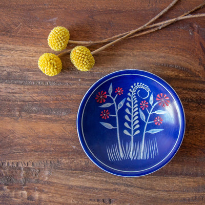 4 - PACK Soapstone Blue Dish with Red Flower Accents - Pack of 4