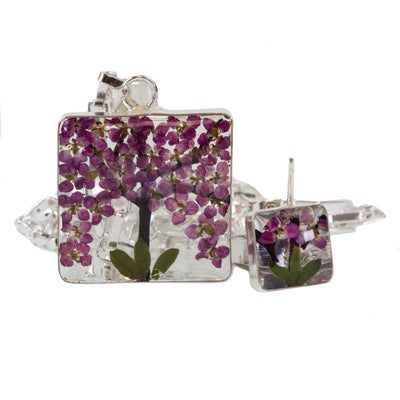 Pressed Flower Square Stud Purple Tree Earrings