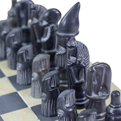 Soapstone Hand-Carved Chess Set - African Maasai Tribe Pieces - Grey/Natural Stone