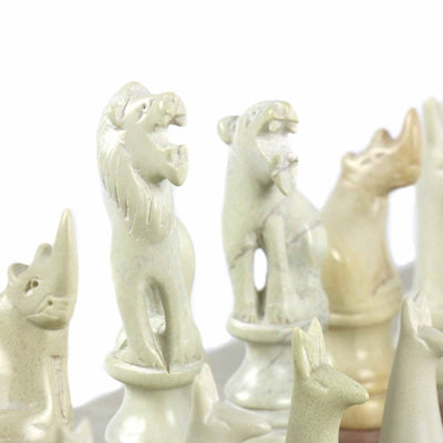 Soapstone Hand-Carved Chess Set - Safari Animal Pieces