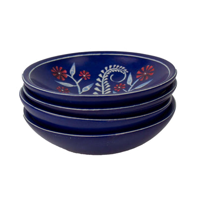 4 - PACK Soapstone Blue Dish with Red Flower Accents - Pack of 4