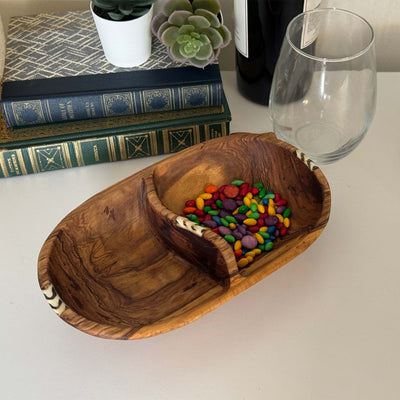 Large Oval Olive Wood Divided Serving Platter with Batik bone Accent