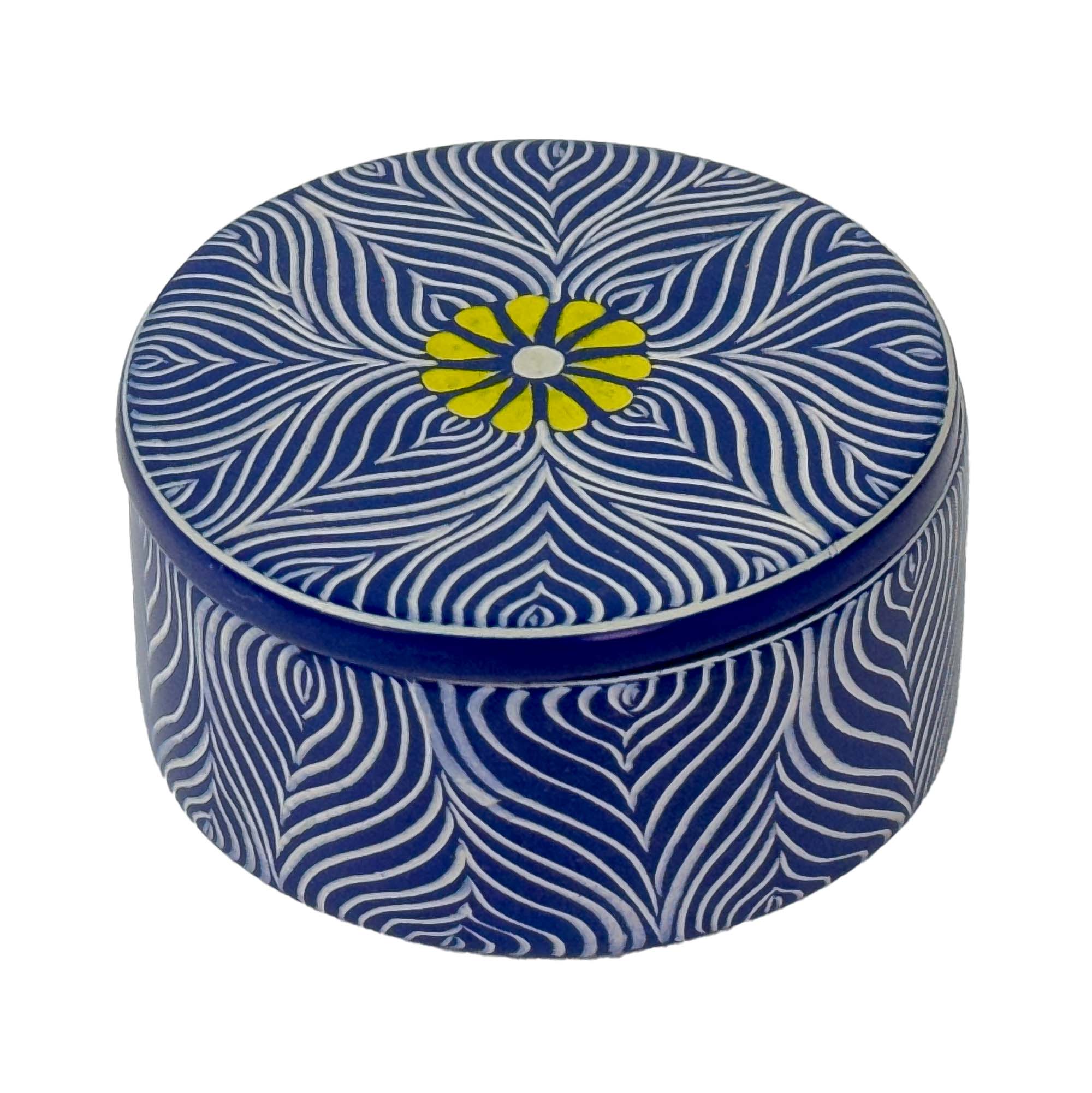 Soapstone Blue Round Box with Yellow Flower Accent