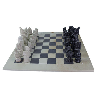 Soapstone Hand-Carved Chess Set in Box - African Maasai Tribe Pieces - Grey/Natural Stone