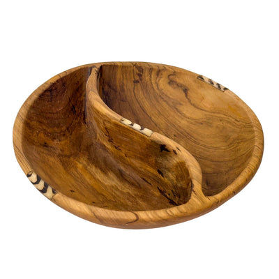 Large Round Olive Wood Divided Serving Platter with Batik bone Accent