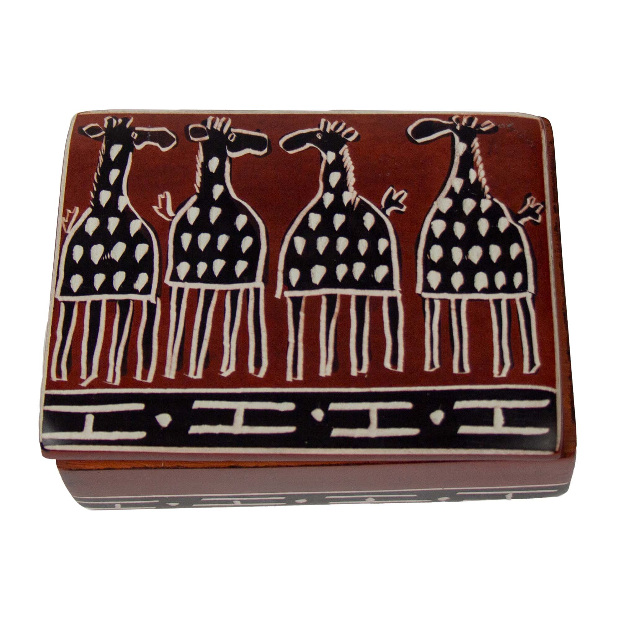 Soapstone Carved Box, Brown Mudcloth Giraffes