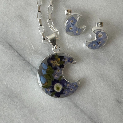 Alpaca Silver Pressed Flower Crescent Pendant Necklace - MIXED COLORS