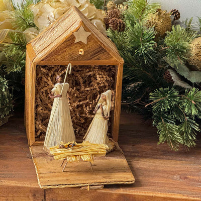 Banana Fiber Creche Nativity Set in Barn Box