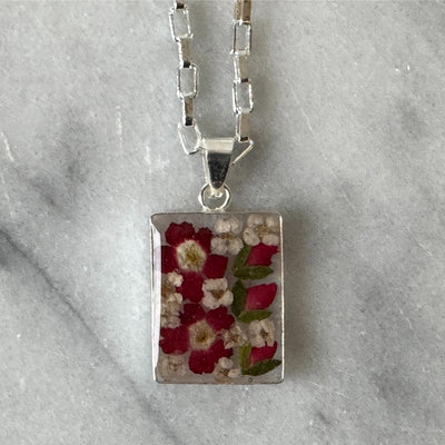 Alpaca Silver Rectangle Pressed Flower Pendant Necklace- MIXED COLORS