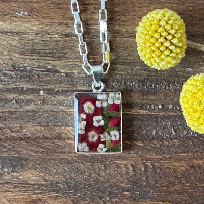 Alpaca Silver Rectangle Pressed Flower Pendant Necklace- MIXED COLORS