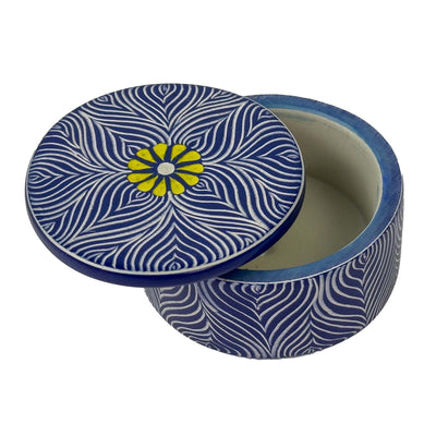 Soapstone Blue Round Box with Yellow Flower Accent