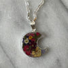 Alpaca Silver Pressed Flower Crescent Pendant Necklace - MIXED COLORS