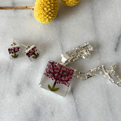 Alpaca Silver Pressed Square Flower Purple Tree Pendant Necklace