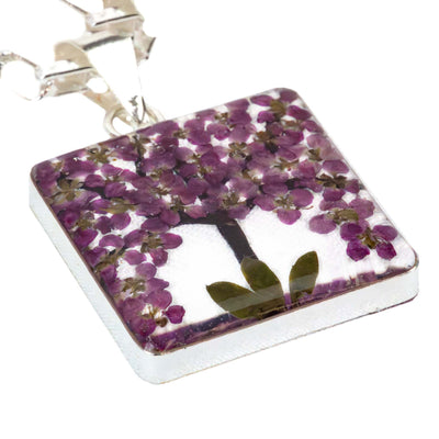 Alpaca Silver Pressed Square Flower Purple Tree Pendant Necklace