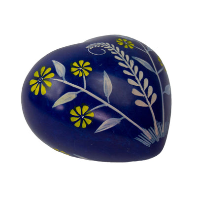 Large Soapstone Blue Puffy Heart with Yellow Flower Carvings