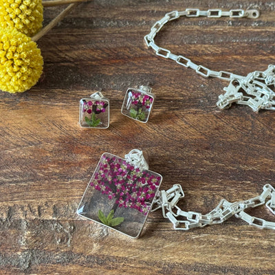 Alpaca Silver Pressed Square Flower Purple Tree Pendant Necklace