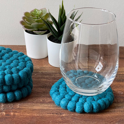 Teal Felt Ball Coasters, Set of 4