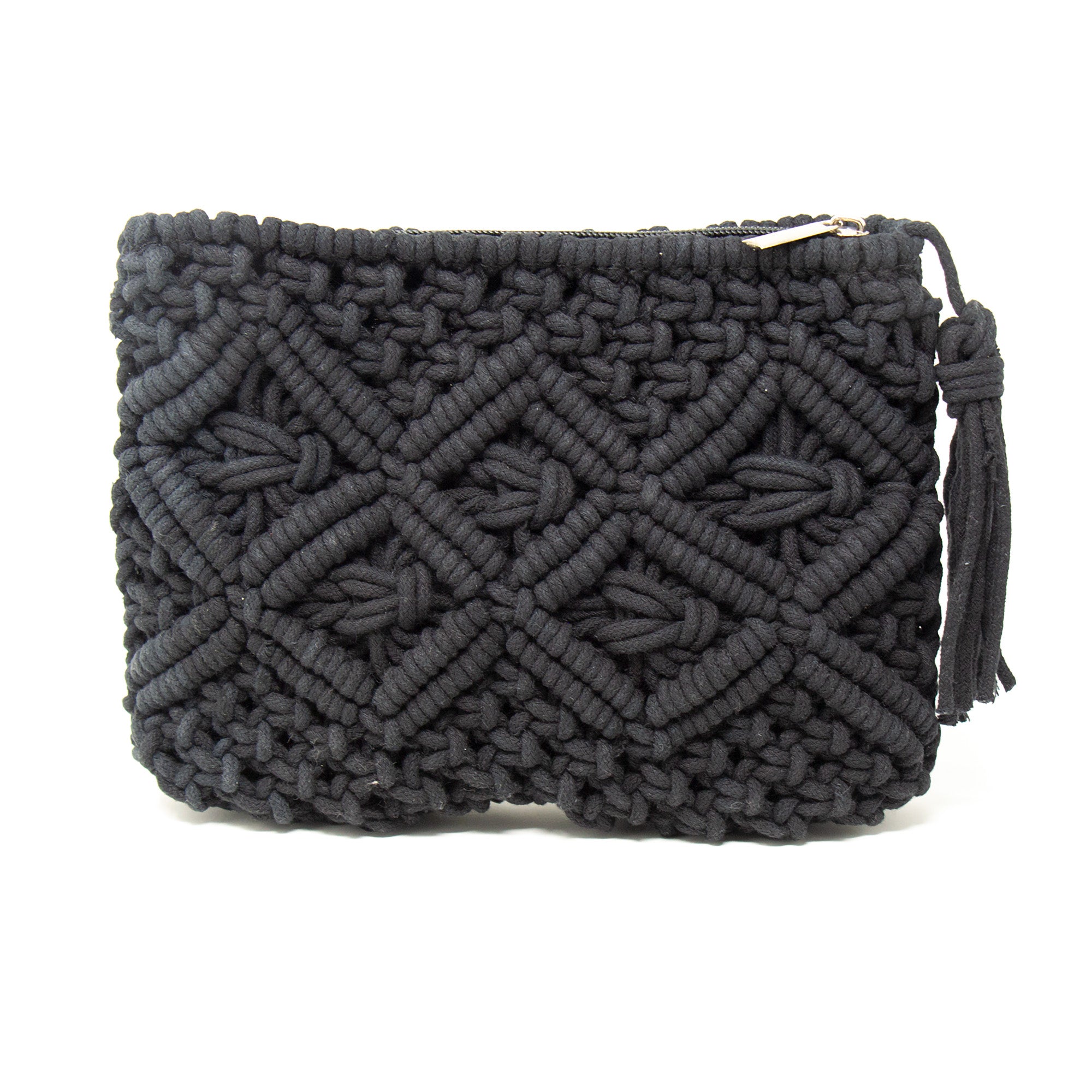 Maatir Black Hand Knotted Macrame Pouch with Shoulder Strap | Women/Girl  Handmade Cotton Boho Crochet Beaded | Medium Cream Macrame Bag |