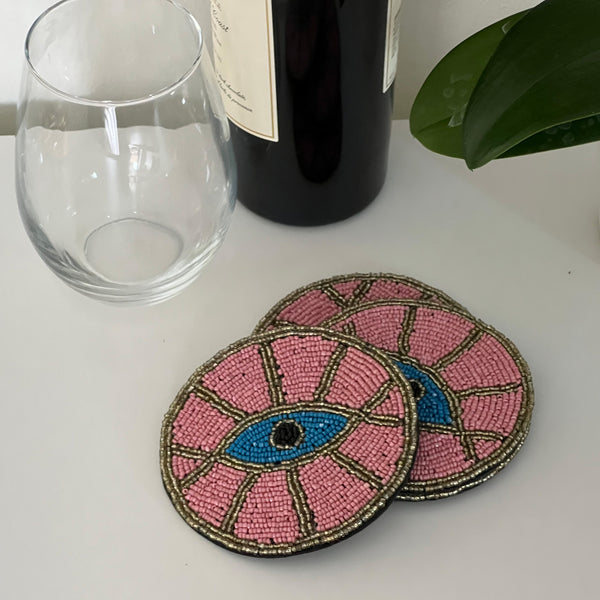 Blue Evil Eye Hand Embroidered Glass Bead Coasters, Set of 4